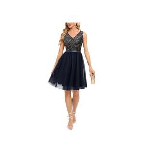Meetjen Women's Dress Cocktail Dress Sequin Tulle Dress Short Sleeve Large